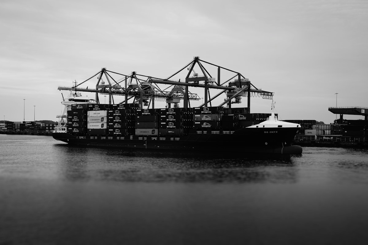 Cargo vessel and cranes in Rotterdam harbour